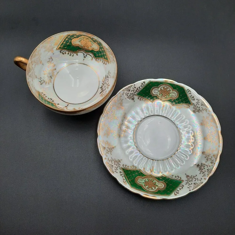 Iridescent Royal Sealy China Teacup & Saucer Set With Gold & Green Floral Design